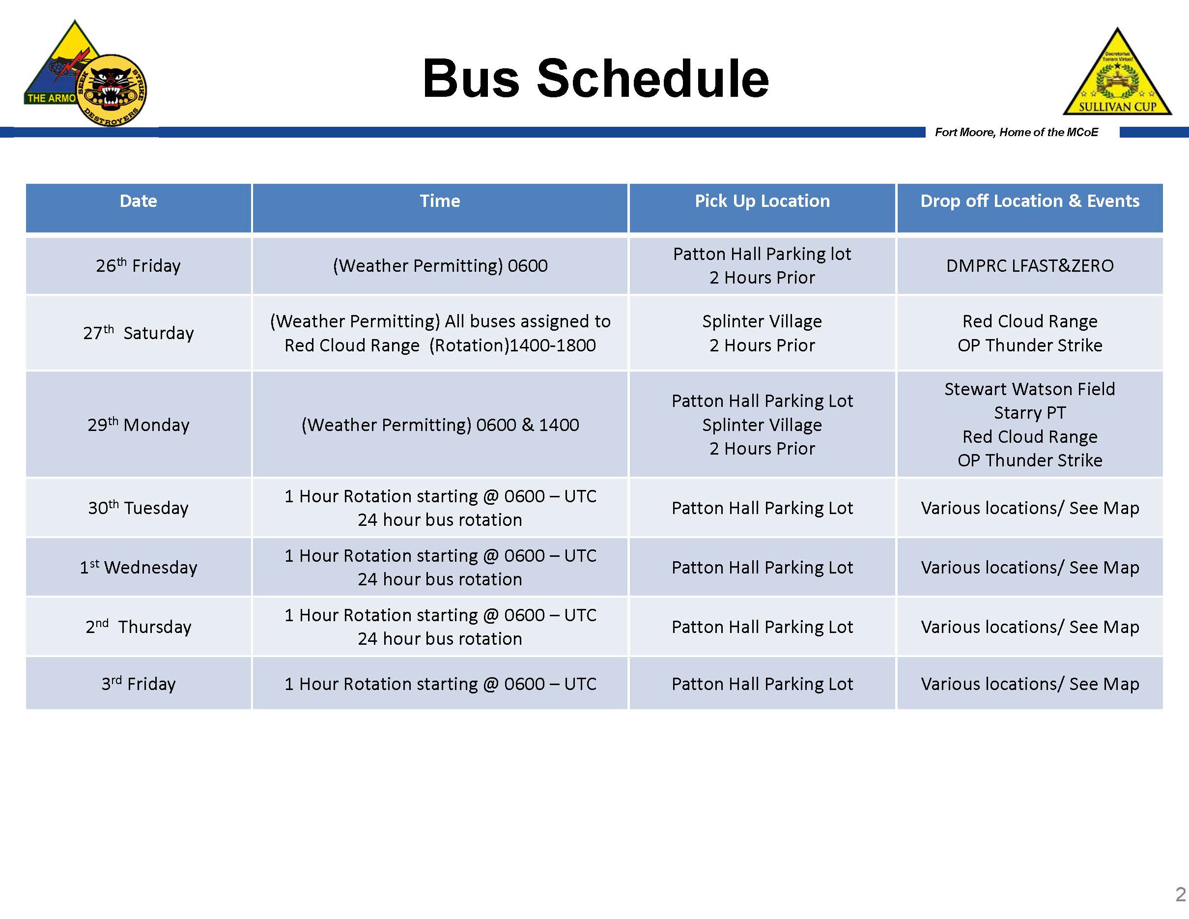 Transportation Schedule for Sullivan Cup Competition